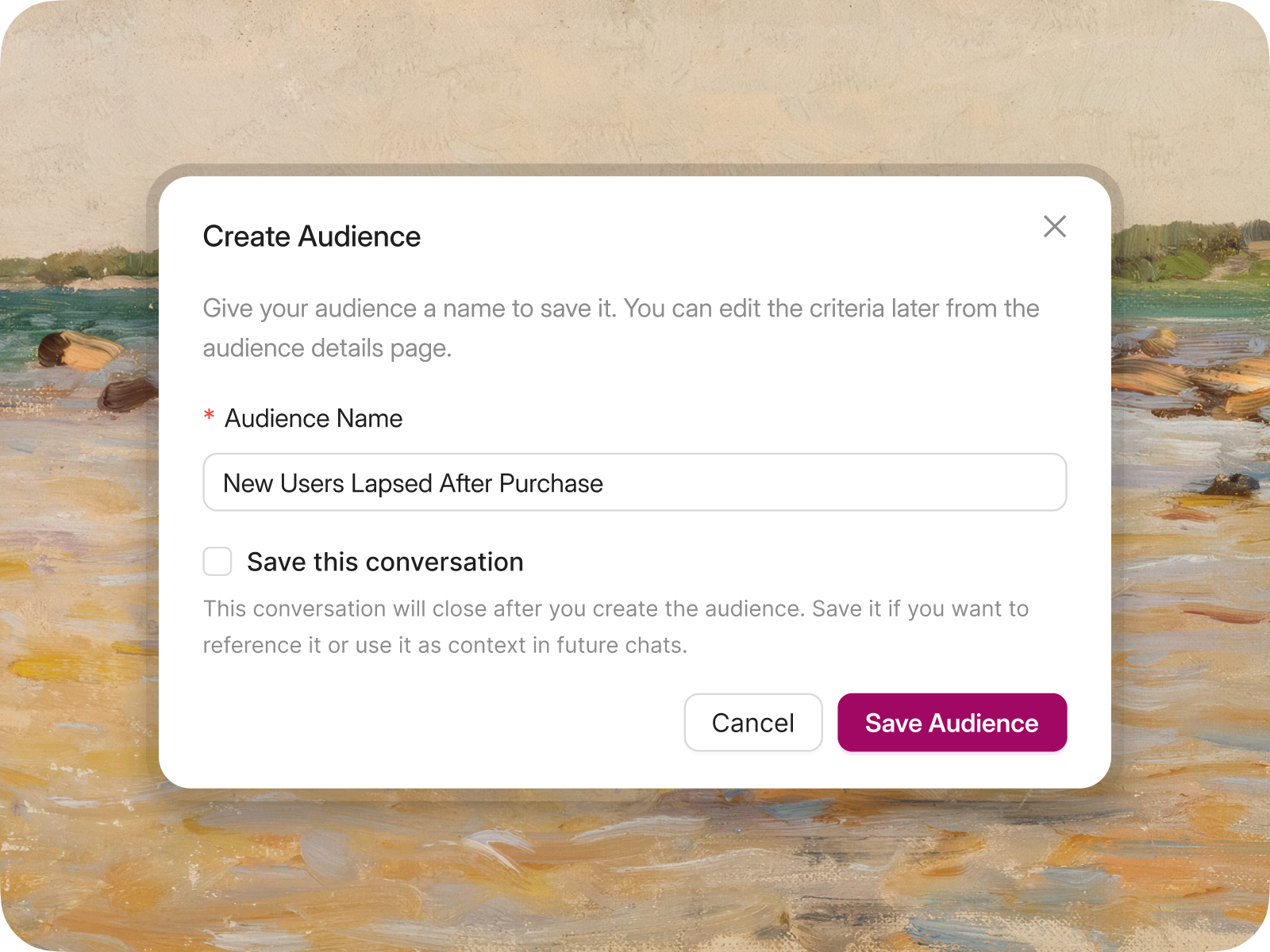 Create Audience dialog asking for an audience name, with an option to save the conversation