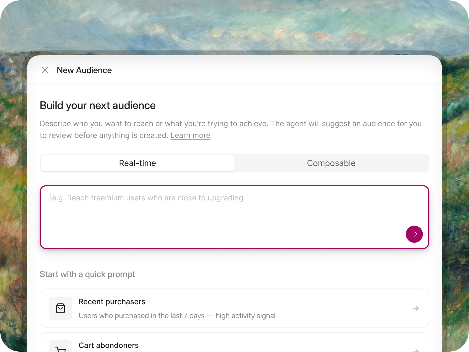 New Audience screen with a Real-time and Composable toggle above the same natural-language prompt field