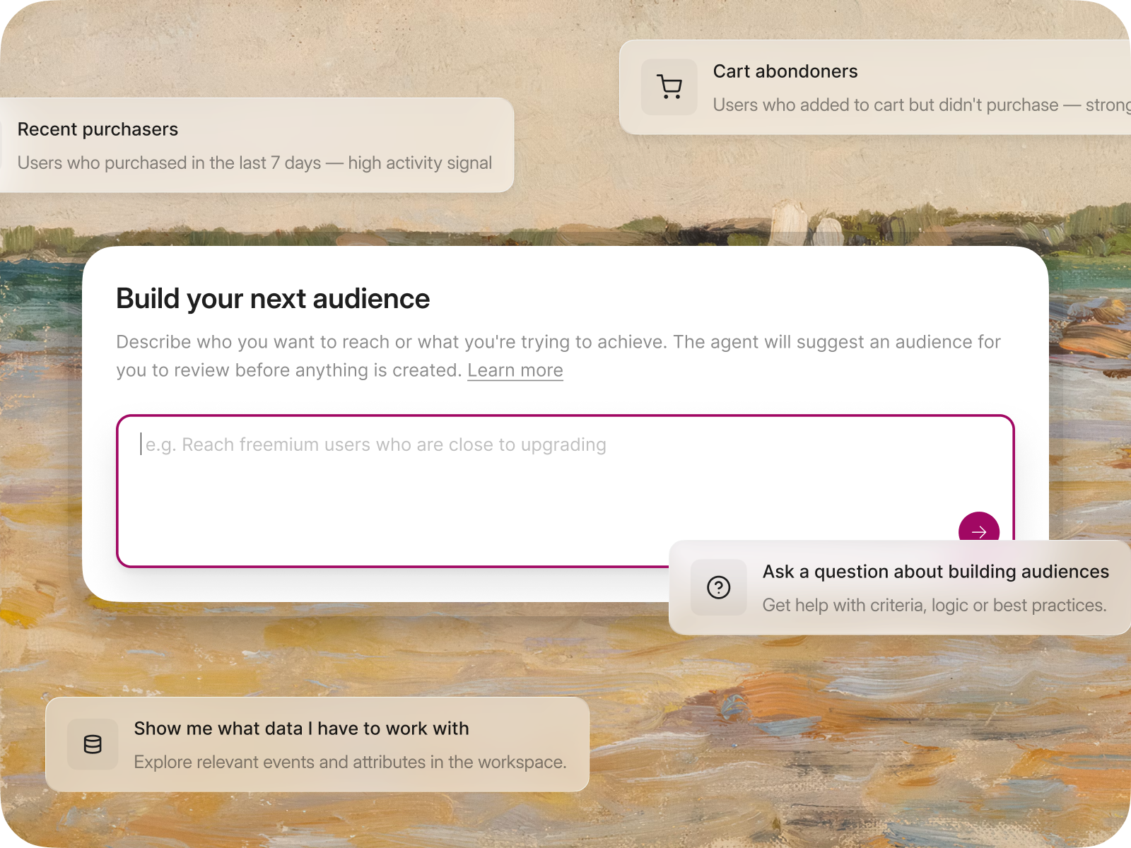 Audience Agent's 'Build your next audience' prompt, surrounded by quick prompts such as Recent purchasers and Cart abandoners