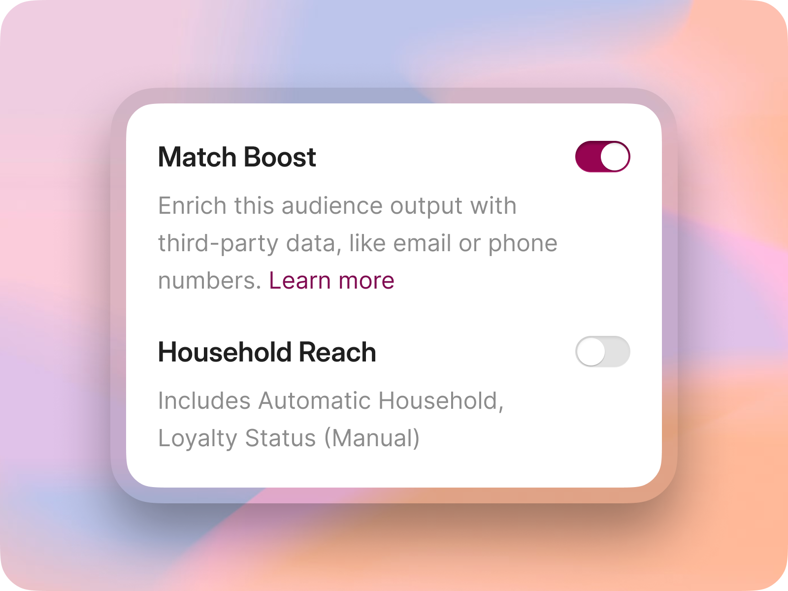 Match Boost enabled and Household Reach disabled toggles with descriptions