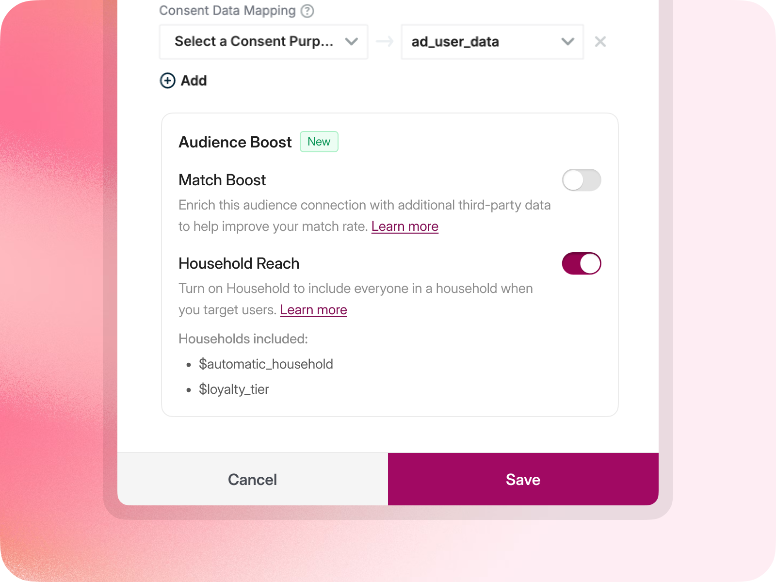 Audience Boost settings on a connection with Household Reach turned on and households listed